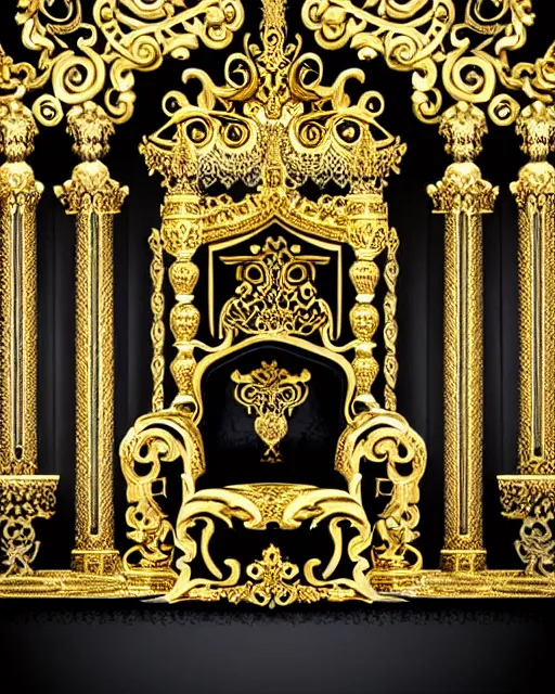 Image similar to royal ornate black ebony throne of realistic detailed owl sanctuary stronghold fortress with golden filigree carved out of ivory, gold royal columns