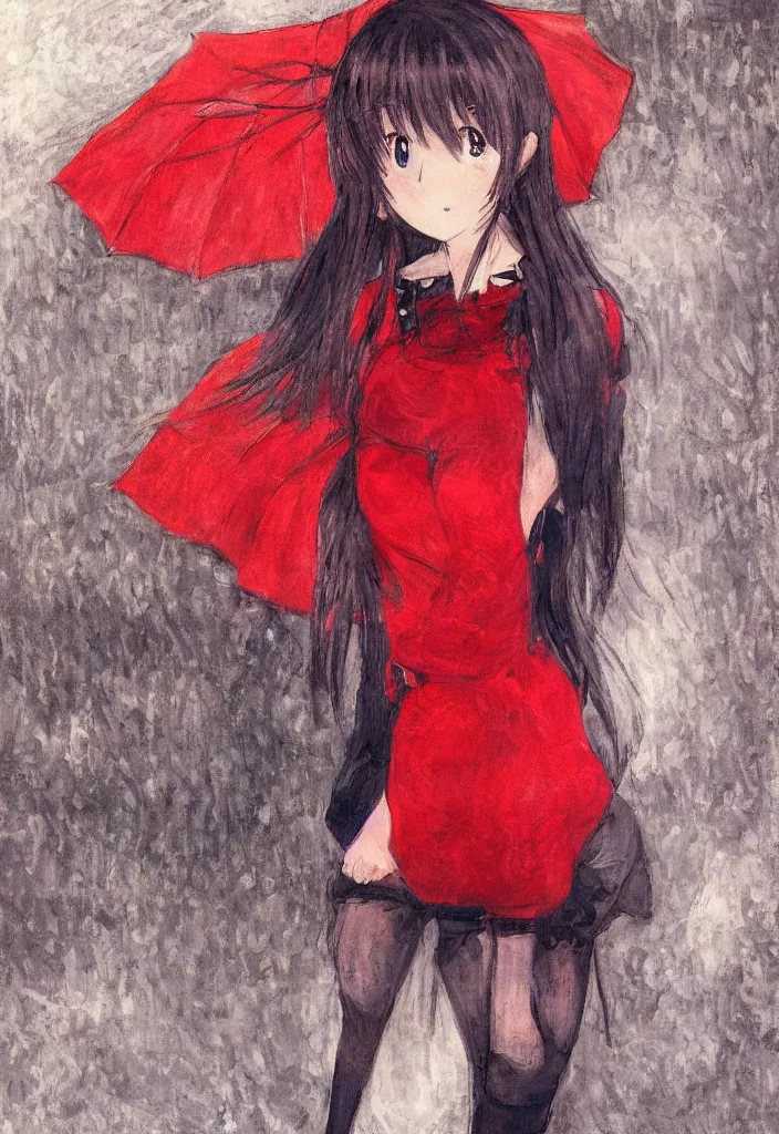 Image similar to medium shot portrait, a cute red outfit, tokyo anime scener, very anime in impressionist style, anime trending artwork, anime painter studio, by claude monet