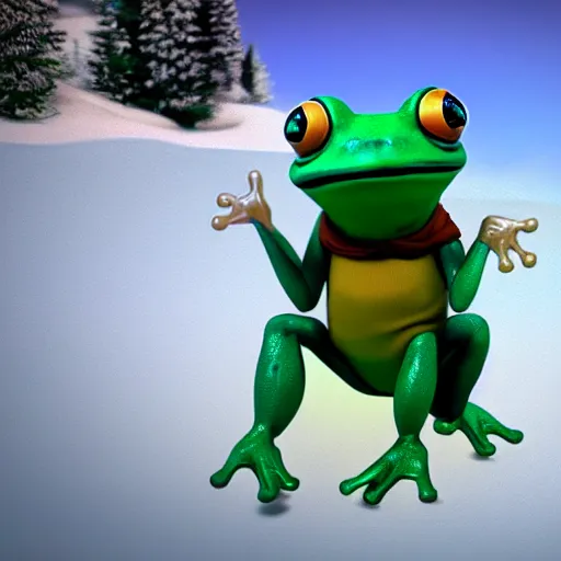 Image similar to 3 d octane render chibi frog character skiing down a mountain, pixar style