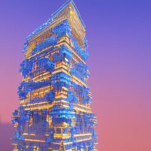 Prompt: Render of a beautiful tower made of gigantic pieces of radiant blue crystal, golden hour, serene, hyperdetailed, trending on Artstation, Unreal Engine 4k