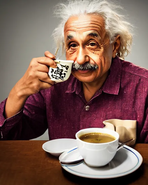 Image similar to A photo of Albert Einstein eating Masala Chai, highly detailed, trending on artstation, bokeh, 90mm, f/1.4