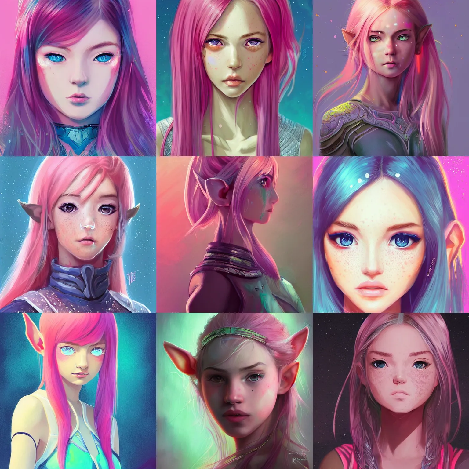 Prompt: girl portrait, elven warrior princess, head and shoulders, matte print, pastel pink, neon highlights, digital art, cute freckles, digital painting, fan art, elegant, pixiv, by Ilya Kuvshinov, daily deviation, IAMAG, illustration collection aaaa updated watched premiere edition commission ✨ whilst watching fabulous artwork \ exactly your latest completed artwork discusses upon featured announces recommend achievement