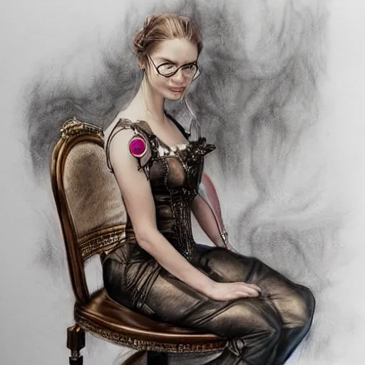 Image similar to hyper realistic full body pencil drawing of a woman steampunk sitting on a chair, water color, detailed, rim light, diffused, intricate, by anna dittmann,