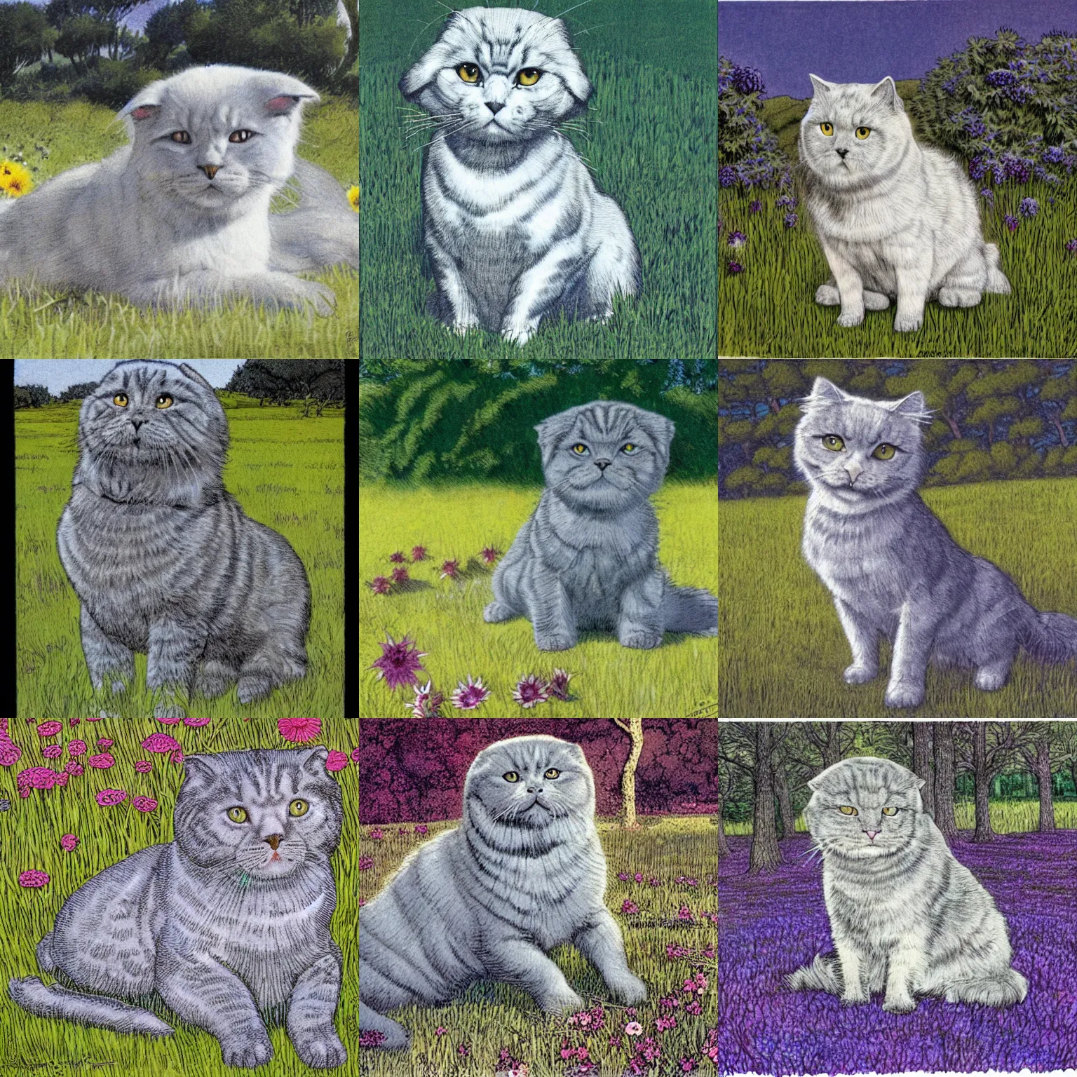 Prompt: a gray scottish fold sitting in the middle of sunny meadow, colored, by barry windsor - smith