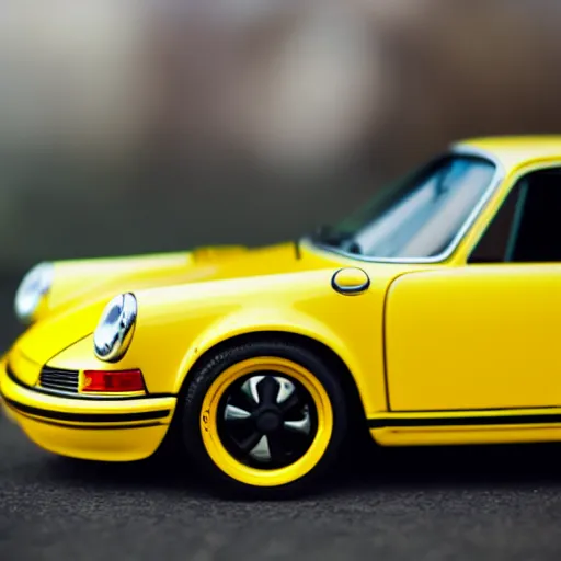 Image similar to close up photo of a small toy porsche 9 1 1 9 6 4 on a yellow road stripe, cinematic, shallow dof, 3 0 mm, 4 k, macro