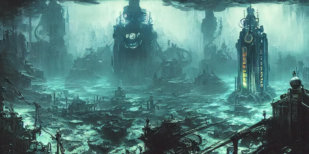 Image similar to concept art of a underwater city, bioshock style, rapture, dark atmosphere, hanafuda oil on canvas by ivan shishkin, james jean and yoji shinkawa