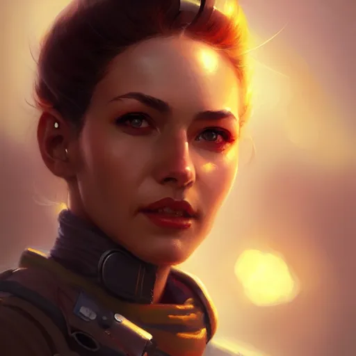Image similar to Portrait of a charming lady fighter pilot, highly detailed, digital painting, artstation, concept art, smooth, sharp focus, illustration by Artgerm and Greg Rutkowski