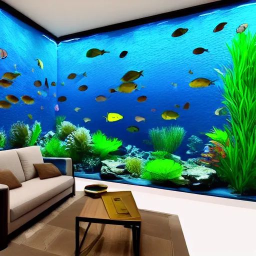 Image similar to realistic 3 d designed big modern room as aquarium with a beautiful fishes and corals, realistic colors, realistic shadows, daylight made by blender and cinema 4 d, hd, 3 d