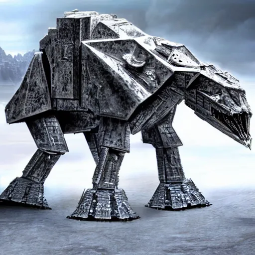 Image similar to a fusion between the tarrasque and an AT-AT, flat grey color, completely metal, walking across ice planet, hyper-realistic CG