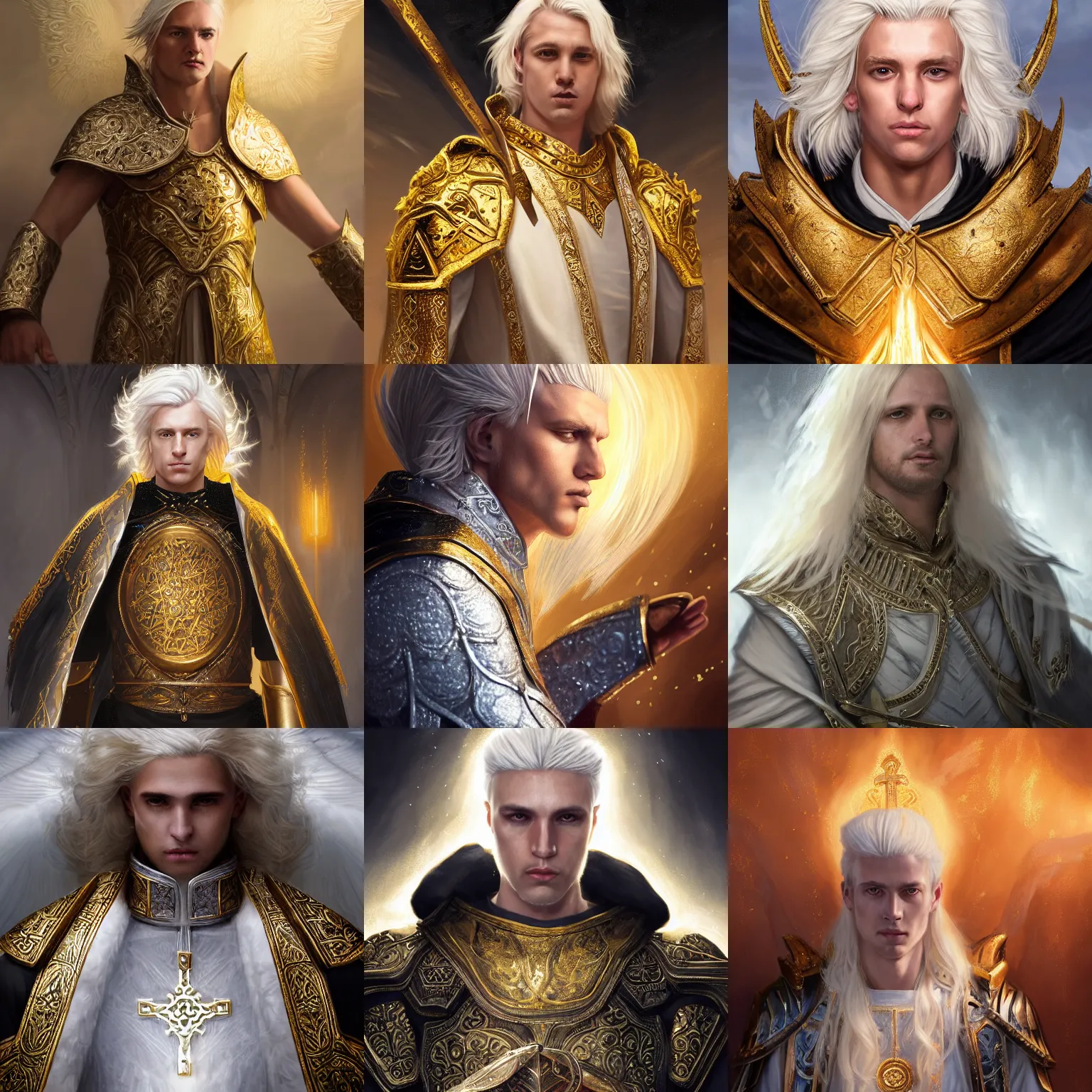 Prompt: extreme closeup portrait of an aasimar man with platinum blonde hair wearing white and gold and black vestments under armor casting a holy ritual with golden magic on a battlefield, detailed, realistic, Greg Rutkowski, 4k, pensive, dungeons and dragons, dramatic lighting, trending on Artstation, sharp focus, elegant