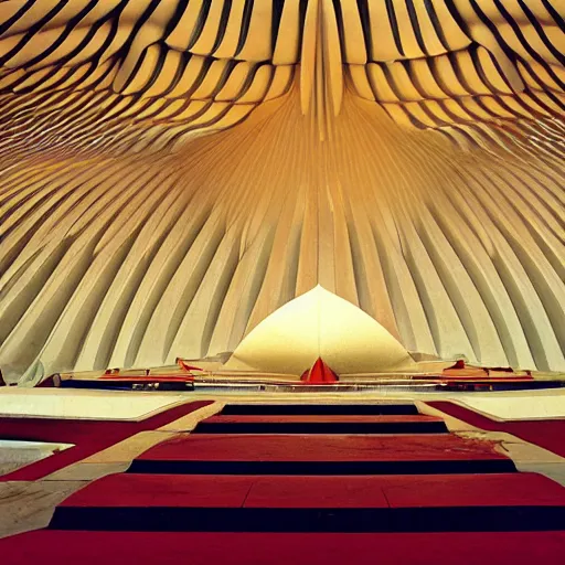 Image similar to interior of a futuristic lotus temple with gold, red and white marble panels, in the desert, by buckminster fuller and syd mead, intricate contemporary architecture, photo journalism, photography, cinematic, national geographic photoshoot