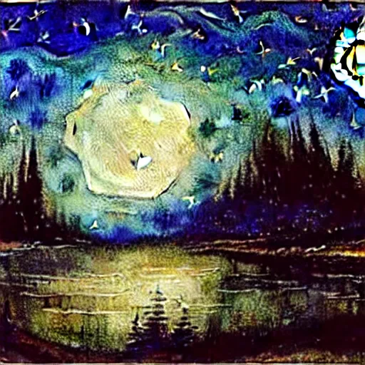 Image similar to a variety of sparkly landscapes at night with stars and a full moon, by bob ross, by leonardo davinci, watercolor, wet on wet, on canvas, starry night