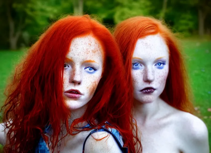 Image similar to award winning 8 5 mm close up face portrait photo of a redhead with deep red hair, freckles and blue eyes in a park by luis royo.