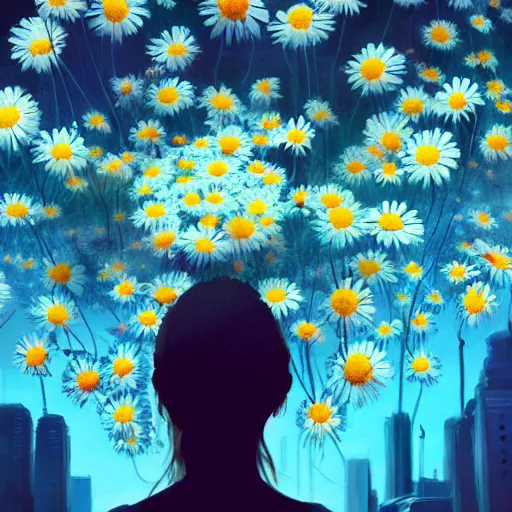 Prompt: closeup, massive daisy flowers head, woman in modern city, surreal photography, night light, dark, impressionist painting, digital painting, artstation, simon stalenhag