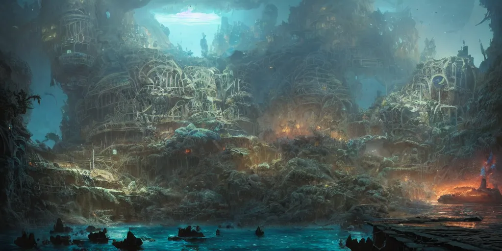 Prompt: a highly detailed artstation concept art 8 k render of lost city, james paick, greg rutkowski, deep sea, sunken ship, whale, coral, jellyfish, cinematic lighting, peter mohrbacher, game asset, unreal engine, illustration, digital painting, sharp focus,, mythological, ultra realistic