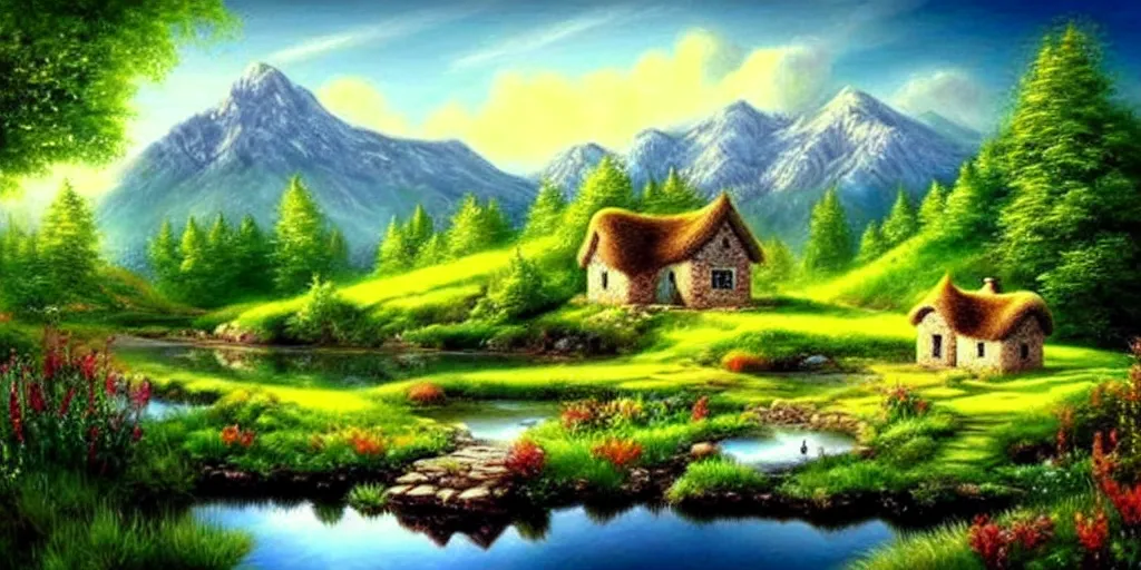 Prompt: a beautiful fantasy landscape, mountain in background, little cottage, small pond, some trees in the corner. hyper realism