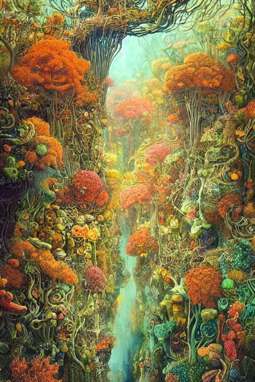 Image similar to the most epic beautiful detailed landscape to give us hope that life is worth living in a surreal depth, world in a orange green fantasy forrest style of daniel merriam concept art