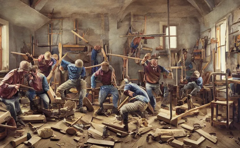 Image similar to a room full of men with their hammers a - bleedin ’, award - winning, extremely detailed, beautiful artwork,