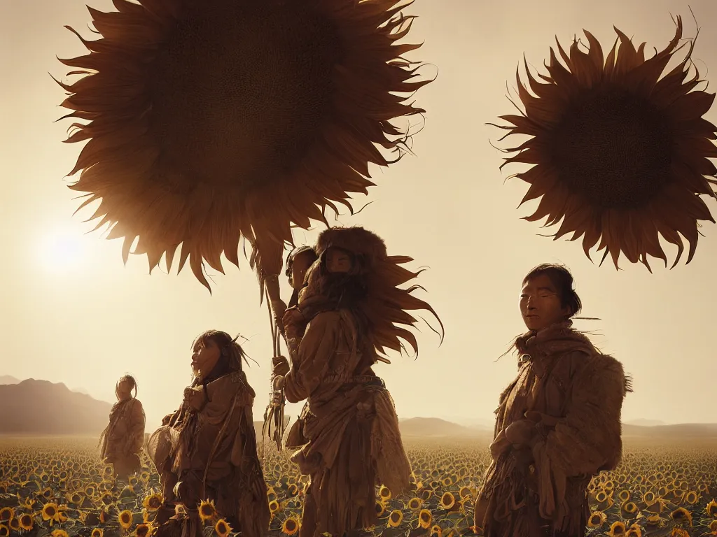 Image similar to a portrait of the mighty sunflower people, a nomadic mongolian tribe that follows the sun in a vast barren valley where helianthus grow tall and abundantly, by Greg Rutkowski, Sung Choi, Mitchell Mohrhauser, Maciej Kuciara, Johnson Ting, Maxim Verehin, Peter Konig, Bloodborne, macro lens, 35mm, 8k photorealistic, cinematic lighting, HD, high details, atmospheric