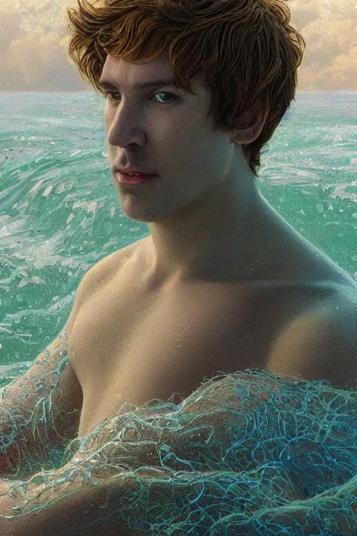 Prompt: photorealistic portrait photograph of stephen hillenburg as an ethereal aquatic merman, upper body, fantasy, handsome, depth of field, soft focus, highly detailed, intricate, realistic, national geographic cover, soft glow, textured, artstation, concept art, sharp focus, illustration, art by artgerm and greg rutkowski and alphonse mucha