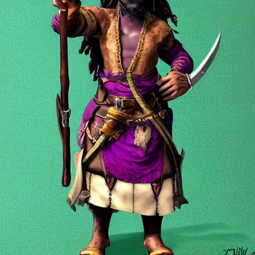 Prompt: a medieval hunter with african ethnicity and dreadlocks, plum color scheme, fantasy character portrait