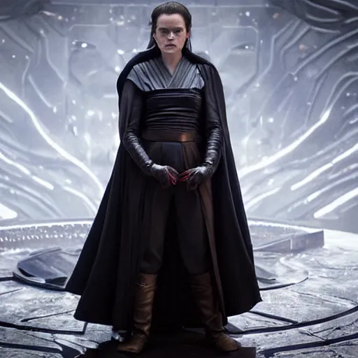 Prompt: movie still of daisy ridley as sith empress wearing a black satin robe and metal belt with make up as if she was crying, sweaty, detailed eyes, neutral expression, shallow depth of field, photorealistic, cinematic lighting, lovely bokeh, dark moody light, strong rim light, movie quality, star wars
