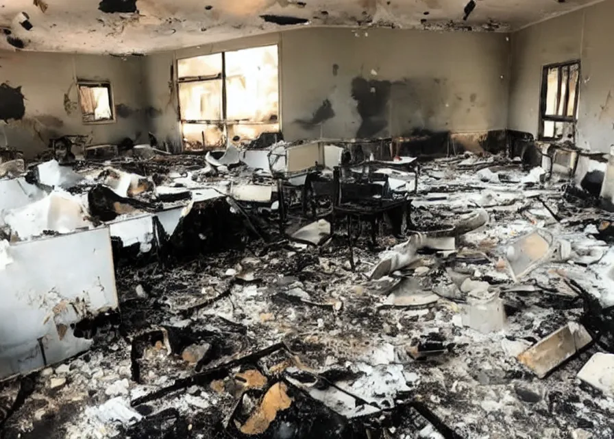 Image similar to a room in a hospital set on fire by an explosion, cats outside of the shelter