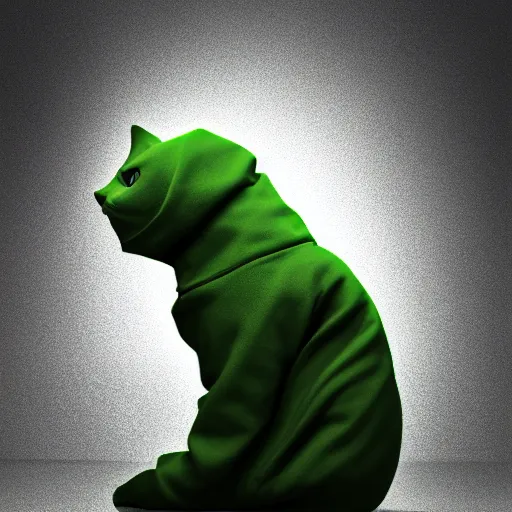 Image similar to a hacker cat, green hoodie accomplished look, dark background, sitting at a laptop, terminal console on screen, shadows, matte painting, bold shapes, hard edges, octane render, unreal engine