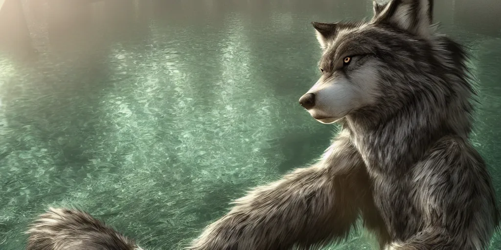 Image similar to a detailed CGI rendered anthropomorphic wolf furry(with long hair and cute big green eyes, tail raised, concerned expression, anthro wolf face, very fluffy and furry) standing in a pool, shot in wide angle, with soft lighting. Digital art render, artstation, ultra detailed