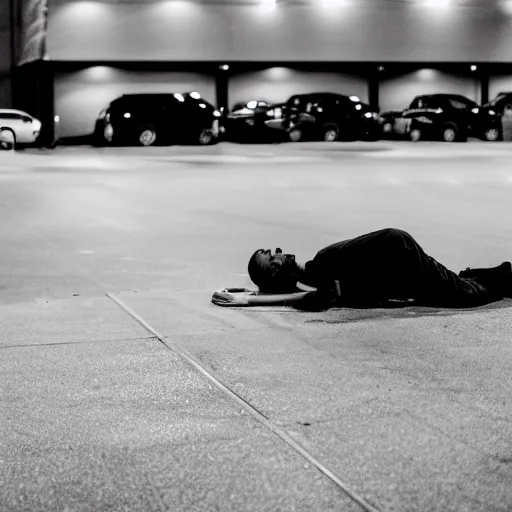 Image similar to young lanky Florida warehouse worker laying on the ground in the middle of a parking lot outside a logistics building, he is exhausted from work and staring into the night sky, realisitc photo, cinematic f/1.8 lens