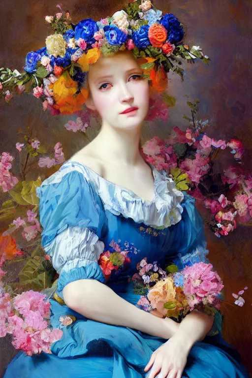 Image similar to a painting of a woman in a blue dress with a floral pattern, a colorful flowery character portrait by ruan jia, cgsociety, rococo, ilya kuvshinov, made of flowers, pre - raphaelite