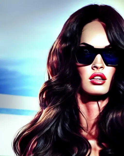 Prompt: low angle closeup very seductive and powerful megan fox wearing a police cosplay and sunglasses, action glamour pose, windblown dark hair, vibrant, hyper detailed, smooth, ambient lighting, sharp focus, fritz willis, anna dittmann, moebius, patrick nagle!!!, rim lighting, octane,