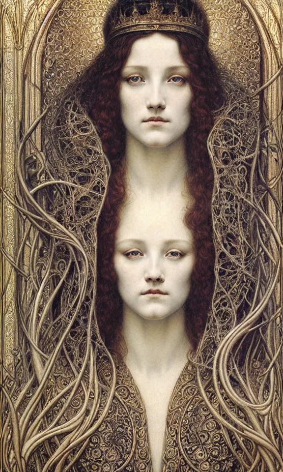 Image similar to detailed realistic beautiful young medieval queen face portrait by jean delville, gustave dore and marco mazzoni, art nouveau, symbolist, visionary, gothic, pre - raphaelite. horizontal symmetry