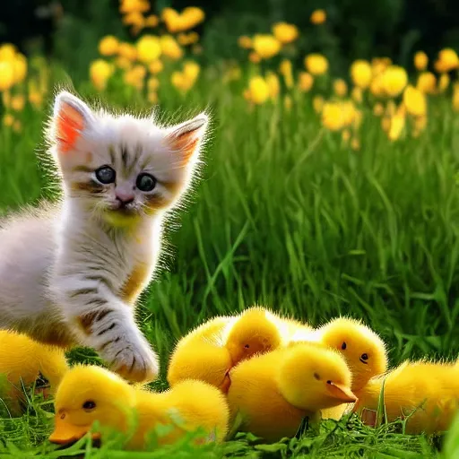 Image similar to photo of cute fluffy baby kittens chasing a cute yellow baby duck in a field of flowers, award - winning photograph, national geographic, perfect lighting