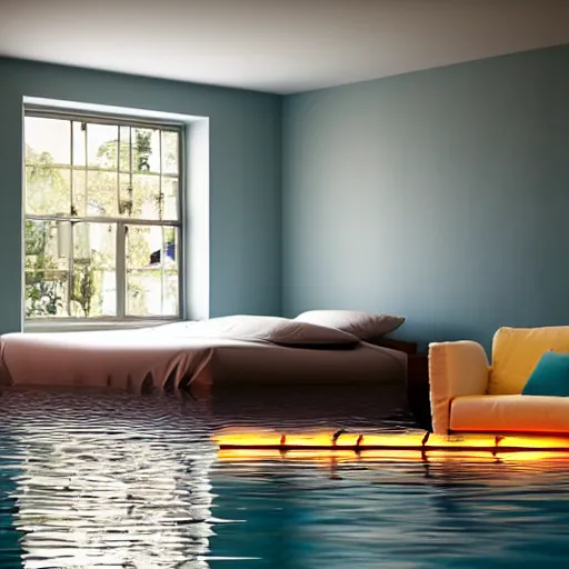 Image similar to flooded old bedroom with the lights still on, couch floating on the water