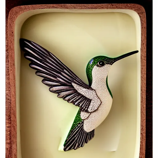 Prompt: intricate hummingbird delicately carved into block of ivory, bioluminescence, tendrils canon 5 d 5 0 mm lens