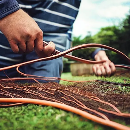 Image similar to “A man cutting a long copper cable on his lawn”