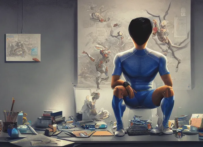 Prompt: an insanely detailed painting of an asian man wearing a homemade superhero costume, sitting at a desk, staring seriously at the computer and typing, in the style of james jean, dramatic lighting and composition, surreal background, octane render, pixar, trending on artstation, concept art, comic book, view from behind, 8 k