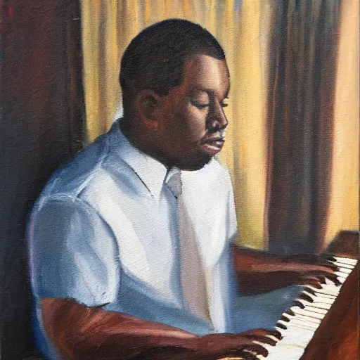 Image similar to 3 0 years old man playing piano, oil painting, front facing, medium dark skin