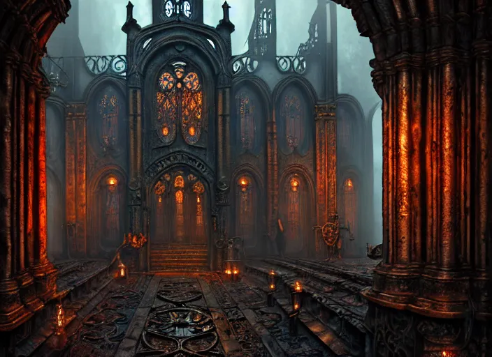 Image similar to steam necropolis, memento mori, gothic, neo - gothic, art nouveau, hyperdetailed copper patina medieval icon, stefan morrell, philippe druillet, ralph mcquarrie, concept art, steampunk, unreal engine, detailed intricate environment, octane render, moody atmospherics, volumetric lighting, ultrasharp, ominous, otherworldly