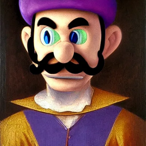 Prompt: waluigi from the super mario series painted by leonardo de vinci ( masterpiece painting, highly detailed, greatly well illustrated, ultra hyperrealistic painting )
