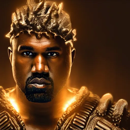 Image similar to portrait of kanye west as zeus, god of thunder, greek god, in mortal kombat, gears of war, mythology, fantasy, splash art, movie still, cinematic lighting, dramatic, octane render, long lens, shallow depth of field, bokeh, anamorphic lens flare, 8 k, hyper detailed, 3 5 mm film grain