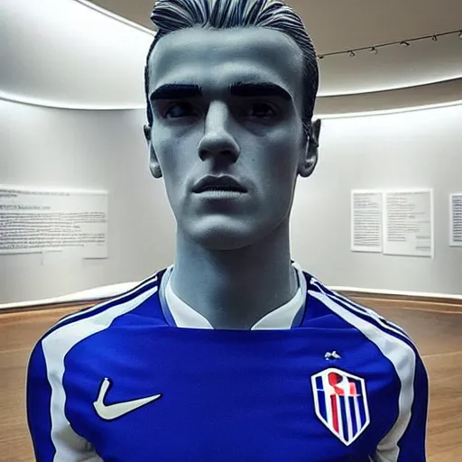 Image similar to “ a realistic detailed photo of a guy who is an attractive humanoid who is half robot and half humanoid, who is a male android, soccer player antoine griezmann, shiny skin, posing like a statue, blank stare, at the museum, on display ”