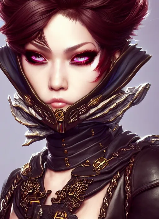 Image similar to rogue, fantasy ornate leather bandit outfit!!! close - up portrait beautiful and athletic short hair female!! gorgeous face and eyes!! character concept art, sharp focus, octane render! unreal engine 5! highly rendered!! trending on artstation!! detailed linework!! illustration by artgerm, chie yoshii, and wlop