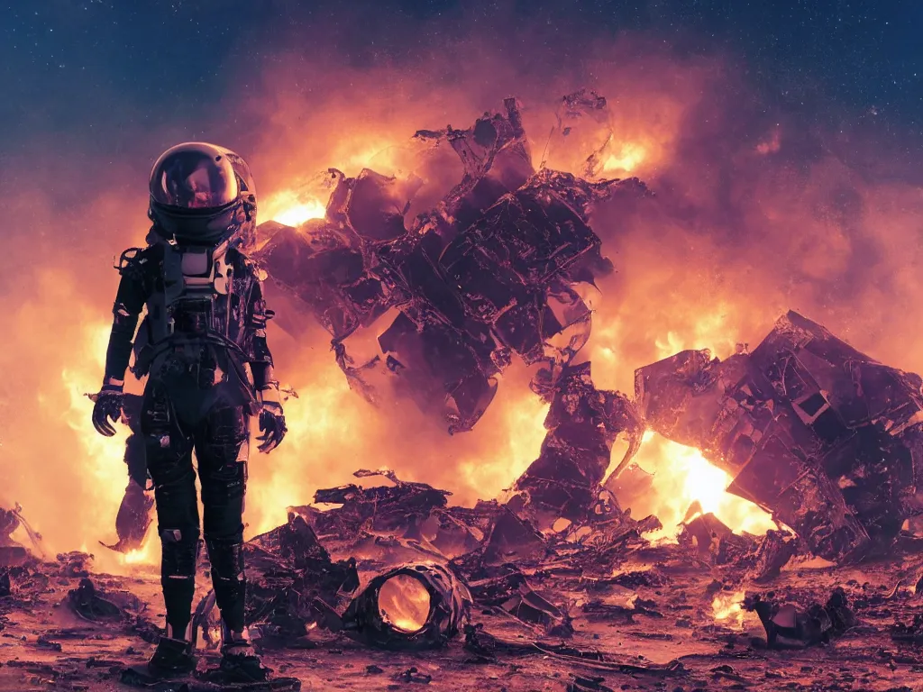 Prompt: portrait of a sad overweight teenager with emo haircut, wearing gothy purple and black space spandex suits, standing next to smashed burning spacecraft wreckage, on the orange surface of mars, highly detailed, dramatic lighting, photorealistic, cinematic