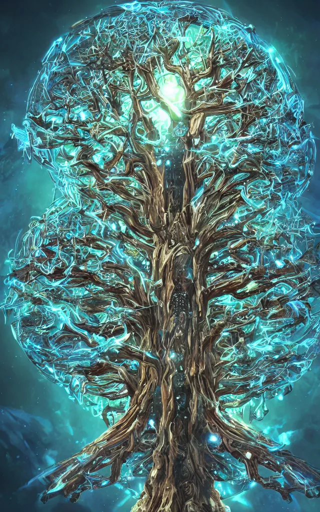 Prompt: futurist cybernetic yggdrasil tree, future perfect, award winning digital art