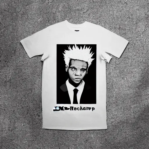 Image similar to t - shirt mockup, 3 d, hyper - realistic, basquiat style print, black boy white hair, rio de janeiro favela