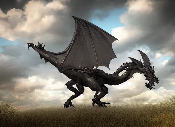 Prompt: A flying black dragon, 3d render, detailed, blender, cinematic, sky