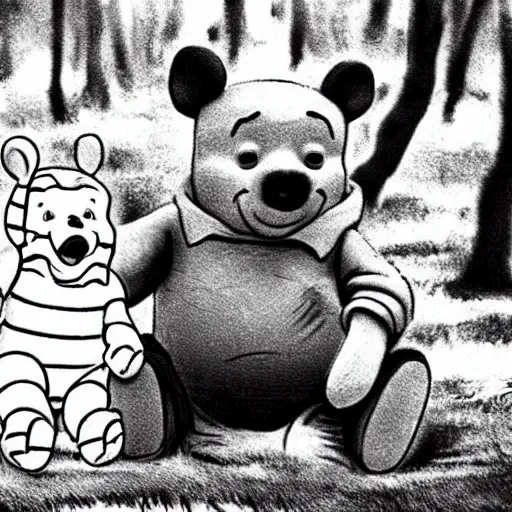 Prompt: found footage of winnie the pooh, creepy, black and white