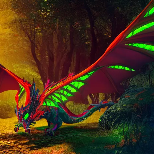 Image similar to brightly lit dragon with neon wings in a dim dark forest colorful 4 k path traced high definition detailed artstation realistic trending dramatic lighting dark and light contrast